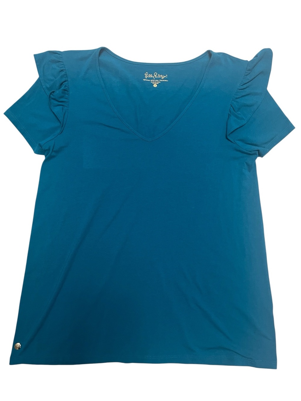 Lilly Pulitzer Teal V-Neck Ruffle Sleeve Tee Samira Top New
